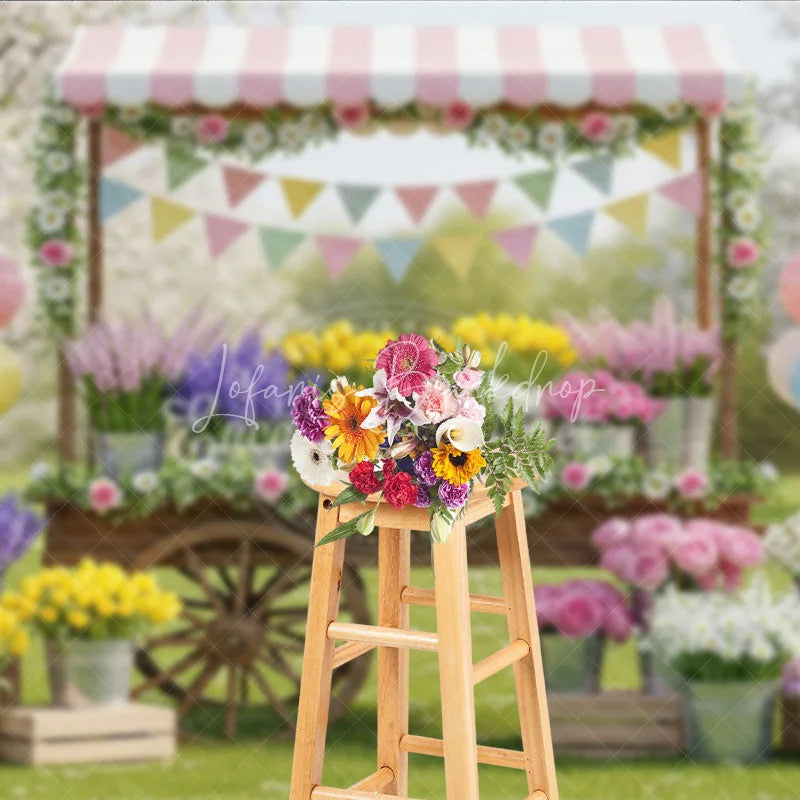 Lofaris Charming Spring Garden Flower Cart Photography Backdrop Pastel Balloons and Floral Market Decor