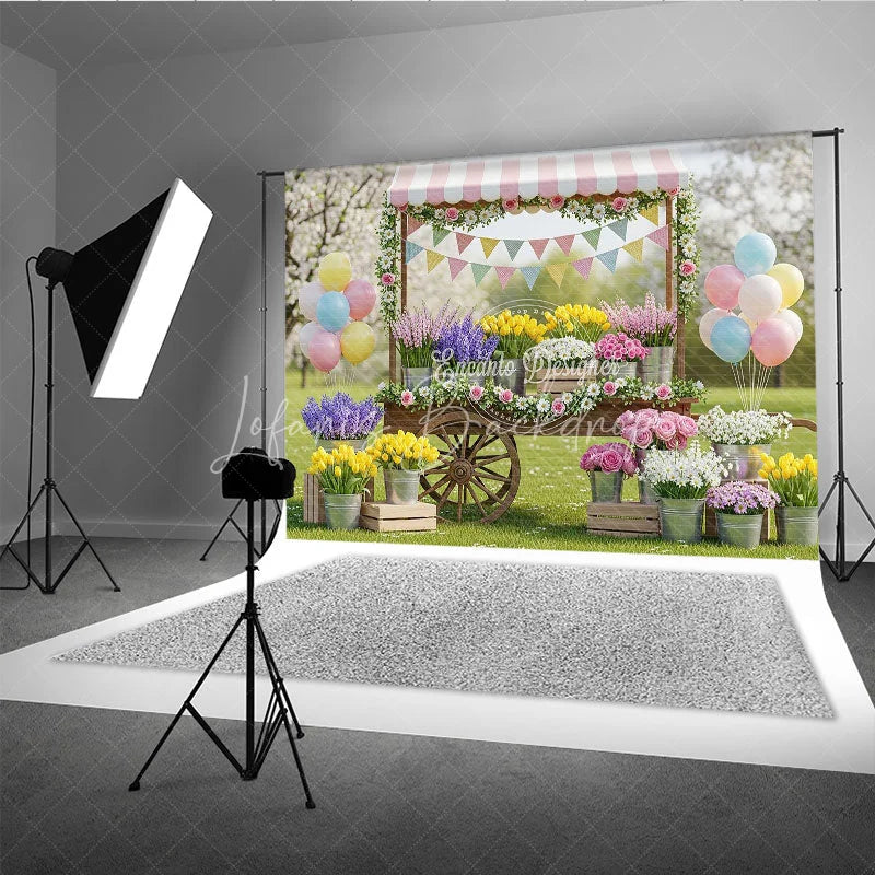 Lofaris Charming Spring Garden Flower Cart Photography Backdrop Pastel Balloons and Floral Market Decor