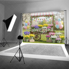 Lofaris Charming Spring Garden Flower Cart Photography Backdrop Pastel Balloons and Floral Market Decor