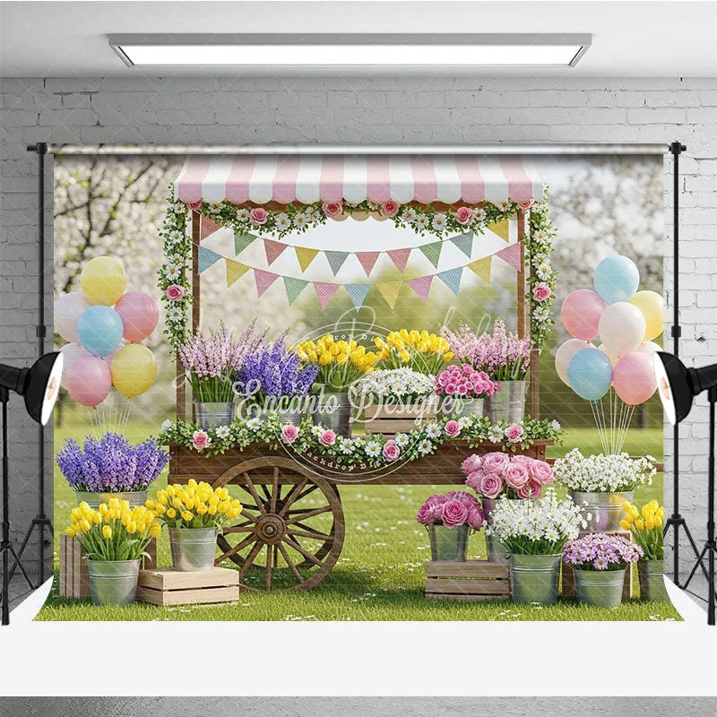 Lofaris Charming Spring Garden Flower Cart Photography Backdrop Pastel Balloons and Floral Market Decor