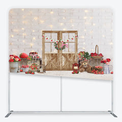 Lofaris Charming Strawberry Farmhouse White Brick Wall Wooden Door Square Double-Sided Backdrop Spring Summer Party Decor