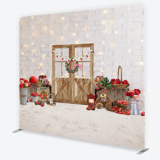 Lofaris Charming Strawberry Farmhouse White Brick Wall Wooden Door Square Double-Sided Backdrop Spring Summer Party Decor