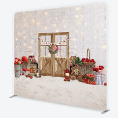 Lofaris Charming Strawberry Farmhouse White Brick Wall Wooden Door Square Double-Sided Backdrop Spring Summer Party Decor