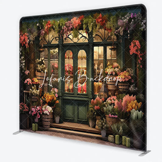 Lofaris Charming Vintage Flower Shop Facade Square Tension Double-Sided Backdrop Green Door with Floral Display for Photography