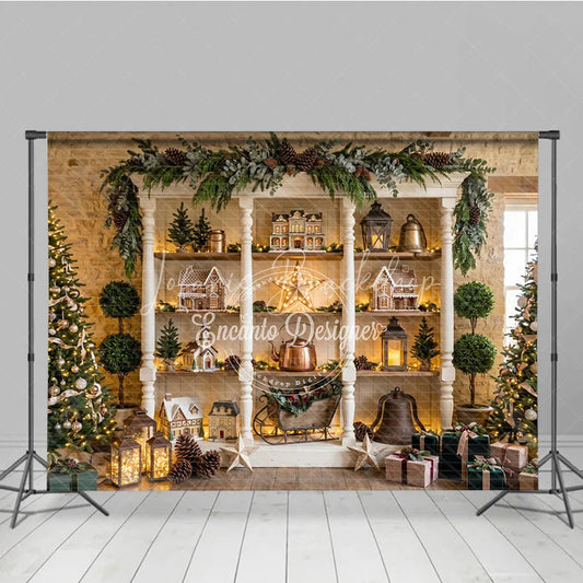 Lofaris Charming Winter Holiday Backdrop with Gingerbread Houses Decorated Christmas Trees Festive Decor Rustic Shelf Display