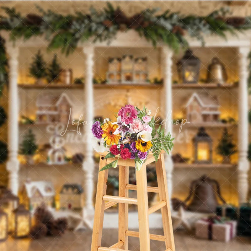 Lofaris Charming Winter Holiday Backdrop with Gingerbread Houses Decorated Christmas Trees Festive Decor Rustic Shelf Display
