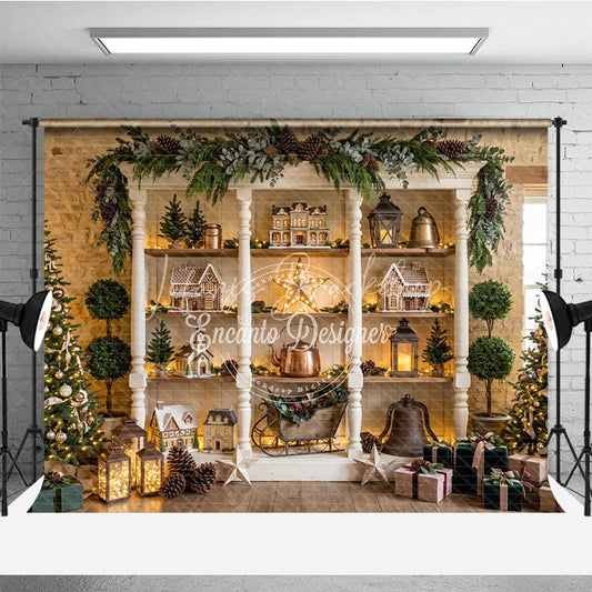 Lofaris Charming Winter Holiday Backdrop with Gingerbread Houses Decorated Christmas Trees Festive Decor Rustic Shelf Display