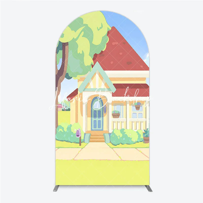 Lofaris Cheerful Animated Cartoon House with Red Roof and Yellow Walls Round Top Arch Backdrop Kids Birthday Party Decor
