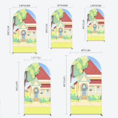 Lofaris Cheerful Animated Cartoon House with Red Roof and Yellow Walls Round Top Arch Backdrop Kids Birthday Party Decor