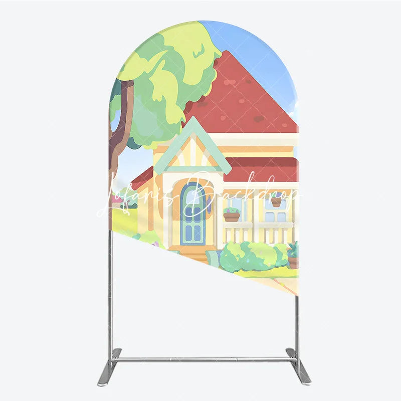 Lofaris Cheerful Animated Cartoon House with Red Roof and Yellow Walls Round Top Arch Backdrop Kids Birthday Party Decor