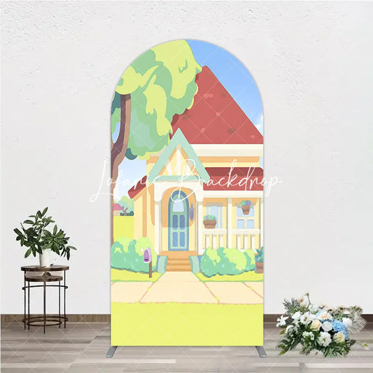 Lofaris Cheerful Animated Cartoon House with Red Roof and Yellow Walls Round Top Arch Backdrop Kids Birthday Party Decor