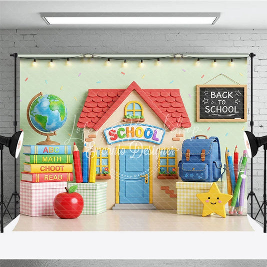 Lofaris Cheerful Back to School Photography Backdrop with Building Globe and Books for Kids’ Photoshoot