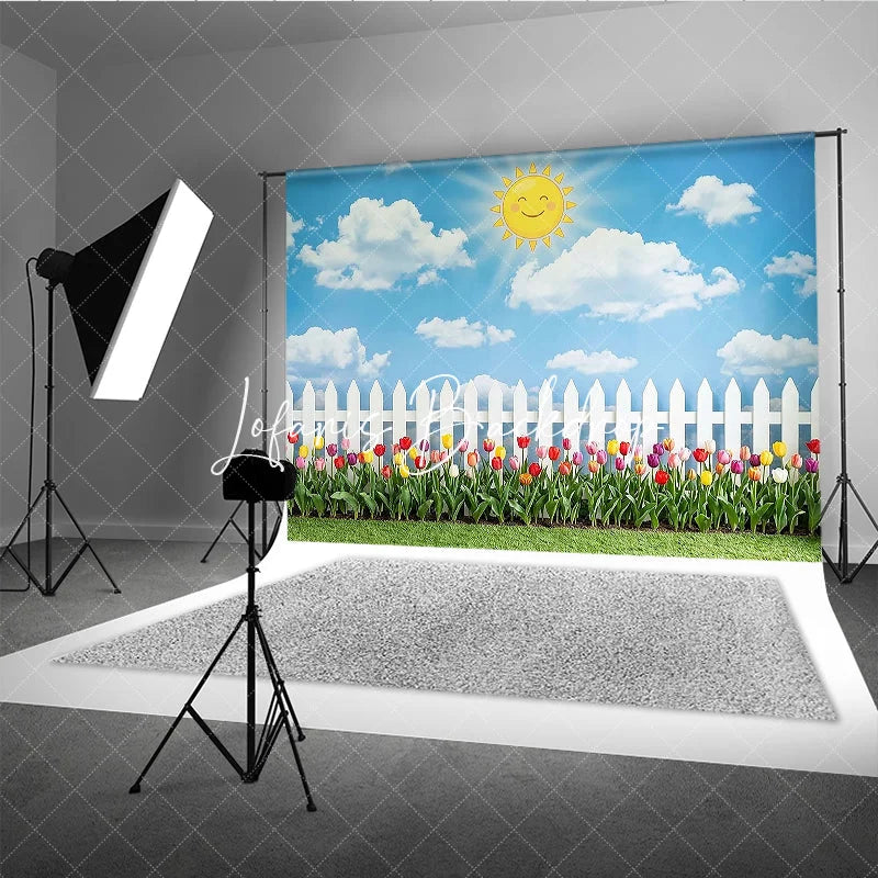 Lofaris Cheerful Blue Sky with Smiling Sun Picket Fence and Colorful Tulips Photography Backdrop Spring Garden Party Decor