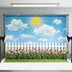 Lofaris Cheerful Blue Sky with Smiling Sun Picket Fence and Colorful Tulips Photography Backdrop Spring Garden Party Decor