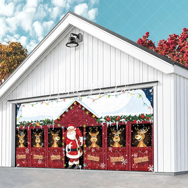 Lofaris Cheerful Christmas Santa and Reindeer Red Barn Garage Door Banner Snowy Holiday Outdoor Decoration with Lights