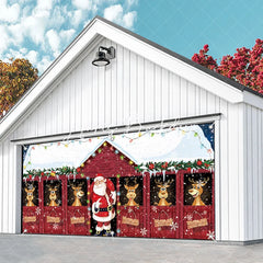 Lofaris Cheerful Christmas Santa and Reindeer Red Barn Garage Door Banner Snowy Holiday Outdoor Decoration with Lights