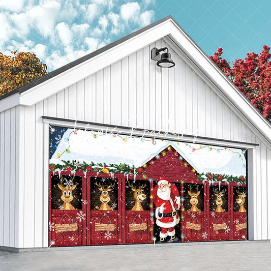 Lofaris Cheerful Christmas Santa and Reindeer Red Barn Garage Door Banner Snowy Holiday Outdoor Decoration with Lights