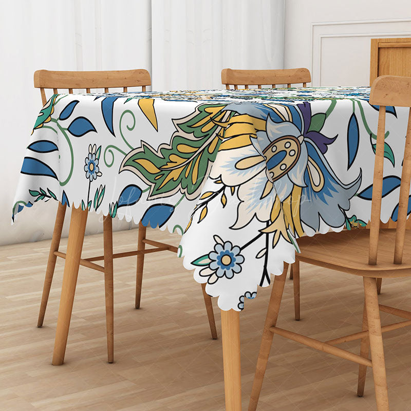 Lofaris Cheerful Floral Rectangle Tablecloth in White Blue and Yellow for Spring French Country Decor