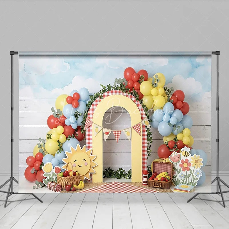 Lofaris Cheerful Picnic Photography Backdrop with Red Yellow Blue Balloons Gingham Arch and Summer Fruits for Birthday Party