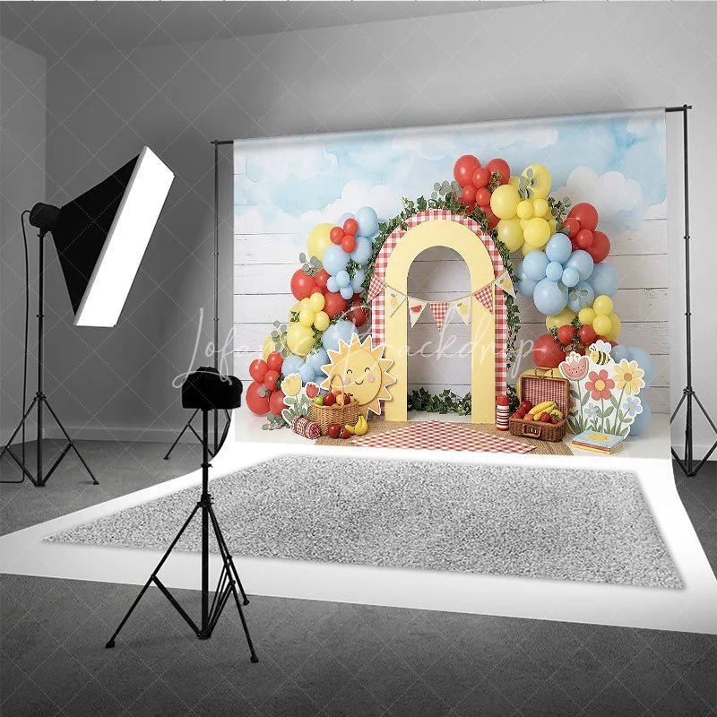 Lofaris Cheerful Picnic Photography Backdrop with Red Yellow Blue Balloons Gingham Arch and Summer Fruits for Birthday Party
