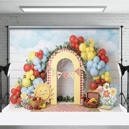 Lofaris Cheerful Picnic Photography Backdrop with Red Yellow Blue Balloons Gingham Arch and Summer Fruits for Birthday Party