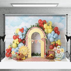 Lofaris Cheerful Picnic Photography Backdrop with Red Yellow Blue Balloons Gingham Arch and Summer Fruits for Birthday Party