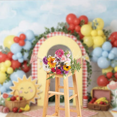 Lofaris Cheerful Picnic Photography Backdrop with Red Yellow Blue Balloons Gingham Arch and Summer Fruits for Birthday Party