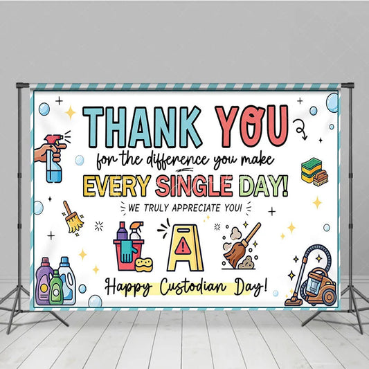 Lofaris Cheerful Thank You Custodian Day Holiday Backdrop Staff Appreciation with Cleaning Tools and Bubbles