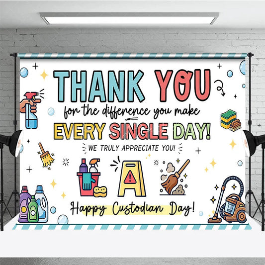 Lofaris Cheerful Thank You Custodian Day Holiday Backdrop Staff Appreciation with Cleaning Tools and Bubbles