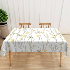 Lofaris Cheerful Yellow Floral Tablecloth with Green Leaves on White for Spring and Summer Kitchen Dining