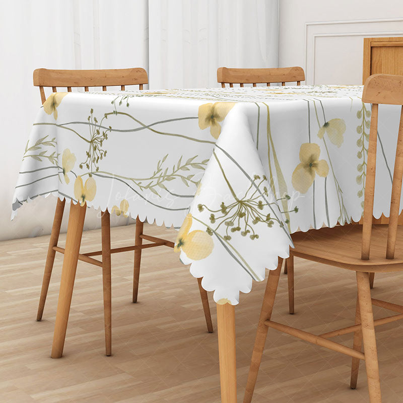 Lofaris Cheerful Yellow Floral Tablecloth with Green Leaves on White for Spring and Summer Kitchen Dining