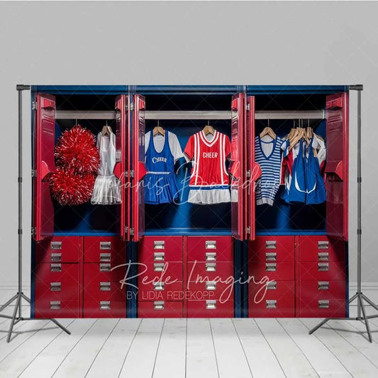 Lofaris Cheerleader Locker Room Sports Photography Backdrop Red Blue Uniform Pom School Spirit Background