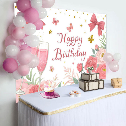 Lofaris Cheers To Birthday Bows Floral Backdrop