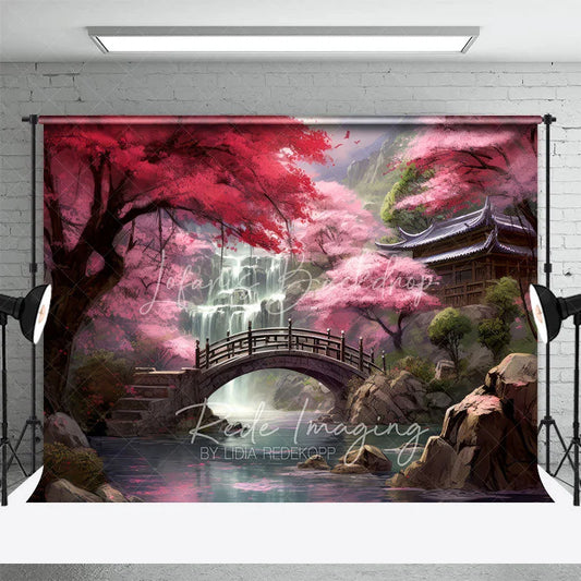 Lofaris Cherry Blossom Garden Backdrop Wooden Bridge and Waterfall Photography Background for Spring Asian Architecture