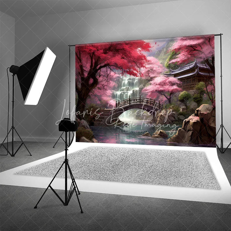 Lofaris Cherry Blossom Garden Backdrop Wooden Bridge and Waterfall Photography Background for Spring Asian Architecture