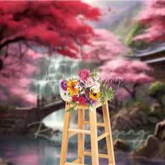 Lofaris Cherry Blossom Garden Backdrop Wooden Bridge and Waterfall Photography Background for Spring Asian Architecture