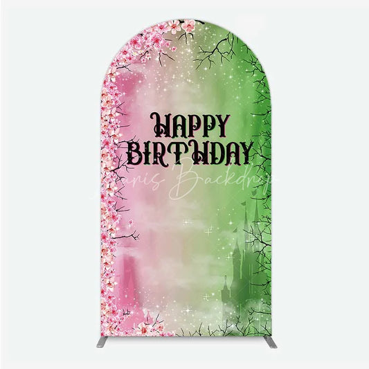 Lofaris Cherry Blossoms and Magic Castle Arch Backdrop Happy Birthday Princess Party Decoration