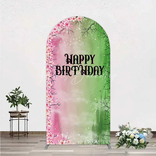 Lofaris Cherry Blossoms and Magic Castle Arch Backdrop Happy Birthday Princess Party Decoration