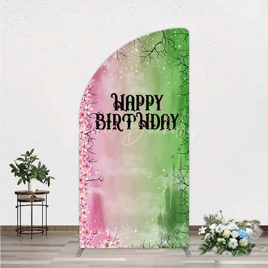 Lofaris Cherry Blossoms and Magic Castle Half Moon Arch Backdrop Happy Birthday Princess Party Decoration