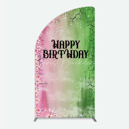 Lofaris Cherry Blossoms and Magic Castle Half Moon Arch Backdrop Happy Birthday Princess Party Decoration