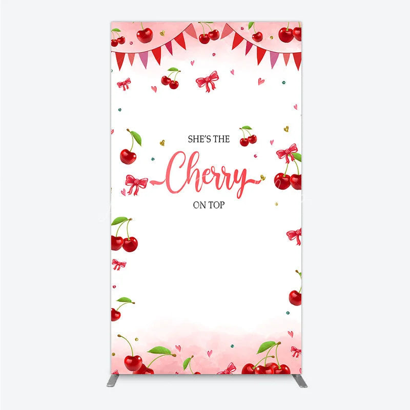 Lofaris Cherry Theme Rectangle Backdrop Pink Watercolor Fruit Red Bows Background She Is The On Top Baby Shower Cover