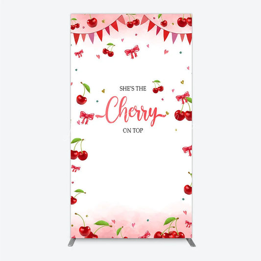 Lofaris Cherry Theme Rectangle Backdrop Pink Watercolor Fruit Red Bows Background She Is The On Top Baby Shower Cover