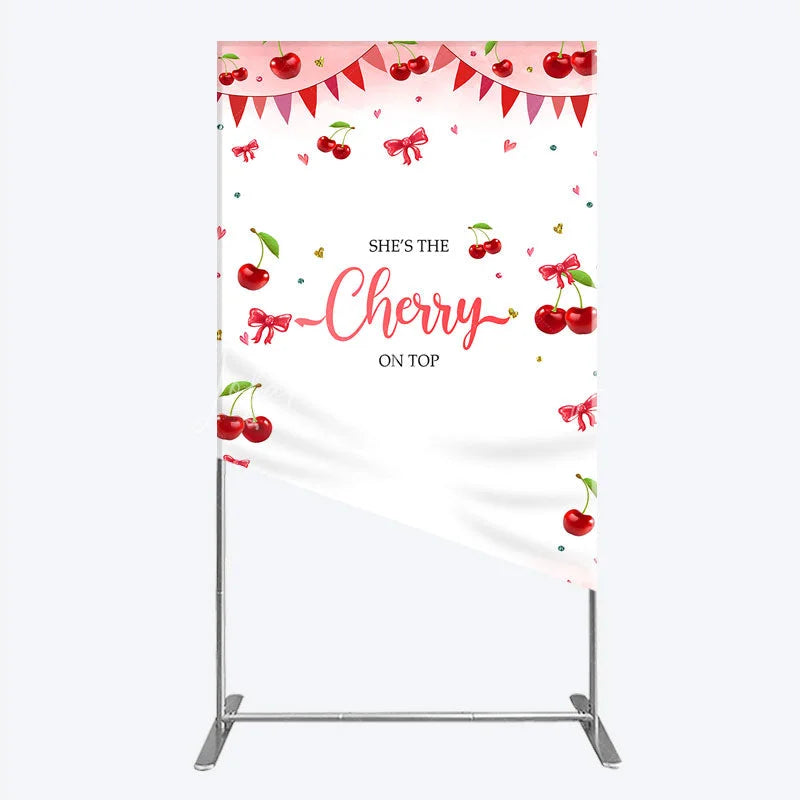Lofaris Cherry Theme Rectangle Backdrop Pink Watercolor Fruit Red Bows Background She Is The On Top Baby Shower Cover