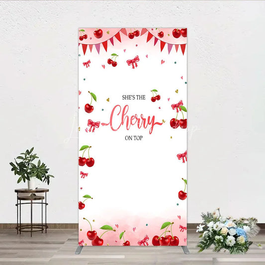 Lofaris Cherry Theme Rectangle Backdrop Pink Watercolor Fruit Red Bows Background She Is The On Top Baby Shower Cover