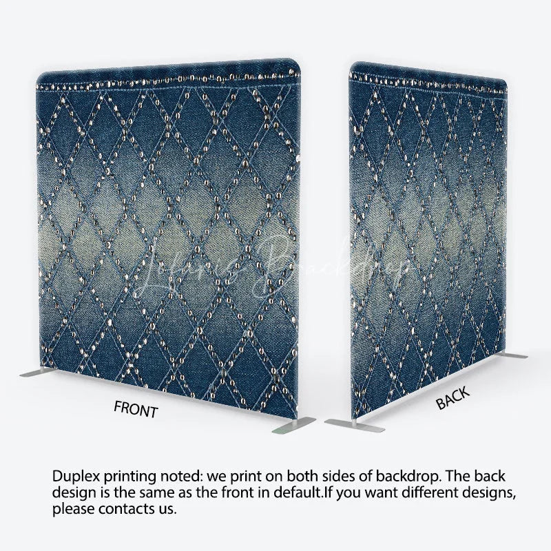 Lofaris Chic Blue Denim Texture Square Double-Sided Backdrop Diamond Pattern with Sparkling Silver Studs for Stylish Photos