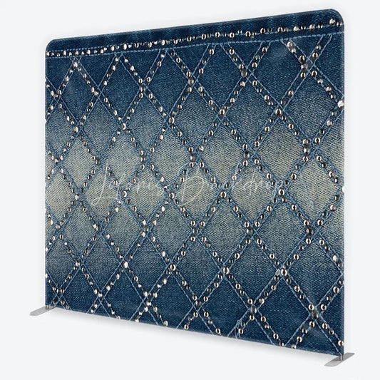 Lofaris Chic Blue Denim Texture Square Double-Sided Backdrop Diamond Pattern with Sparkling Silver Studs for Stylish Photos