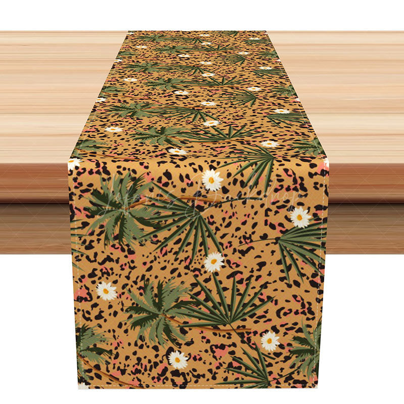 Lofaris Chic Leopard Print Table Runner with White Flowers Khaki Animal for Modern and Glam Dining Decor