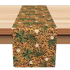 Lofaris Chic Leopard Print Table Runner with White Flowers Khaki Animal for Modern and Glam Dining Decor