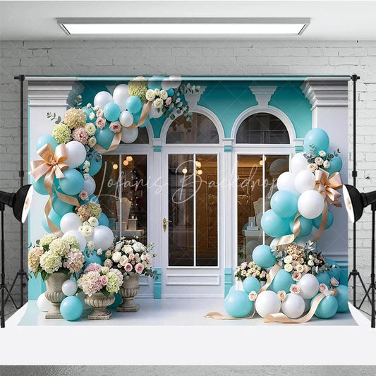 Lofaris Chic Light Blue and White Balloon Garland Storefront Photography Backdrop Elegant Floral Celebration Party Decor