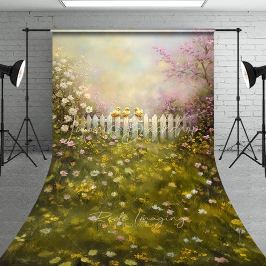Lofaris Chicks on White Fence Backdrop Artistic Oil Painting Floral Meadow Scene Easter and Spring Photography